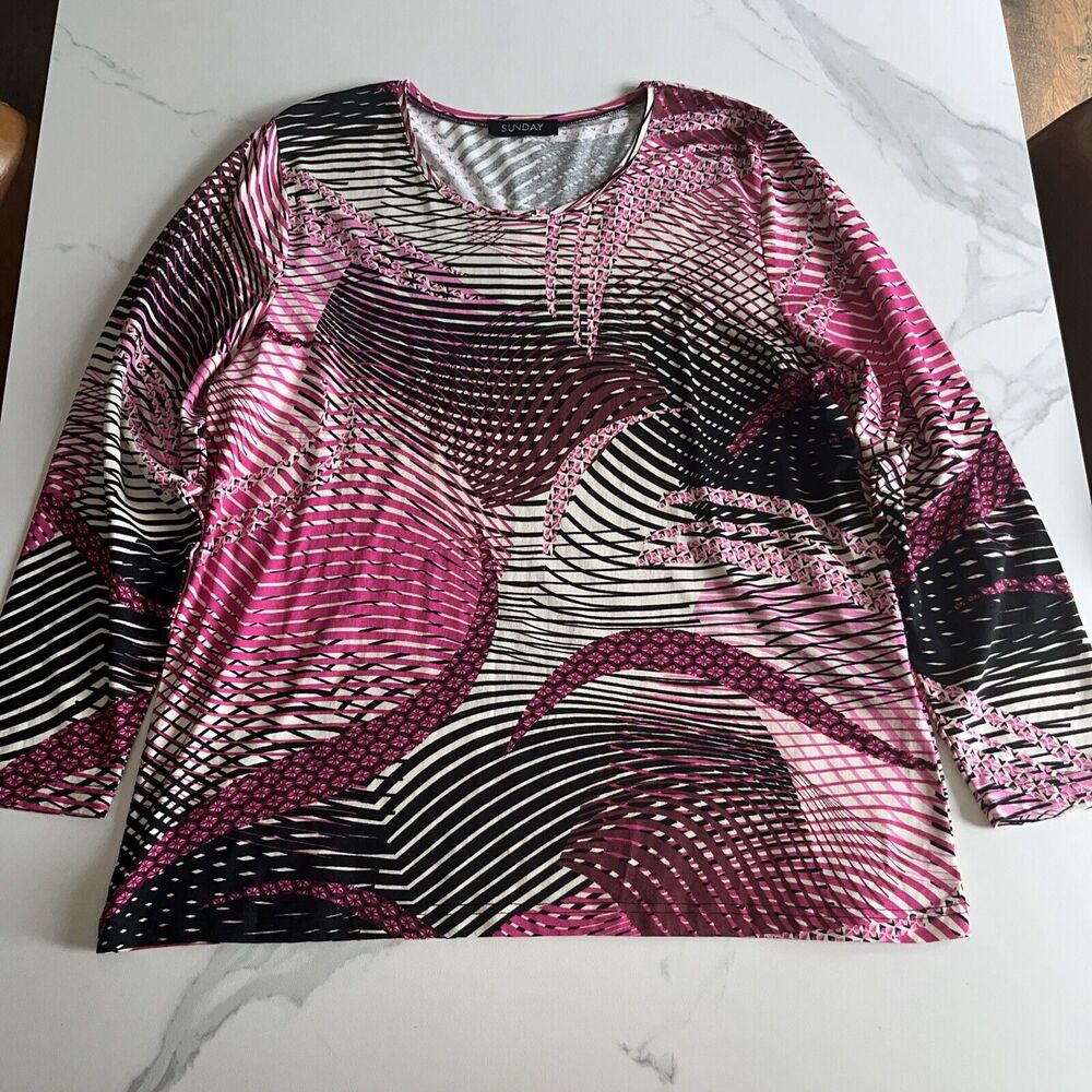 Sunday Artsy Geometric Asymmetrical Striped Top Long Sleeve Shirt Size Large ?
